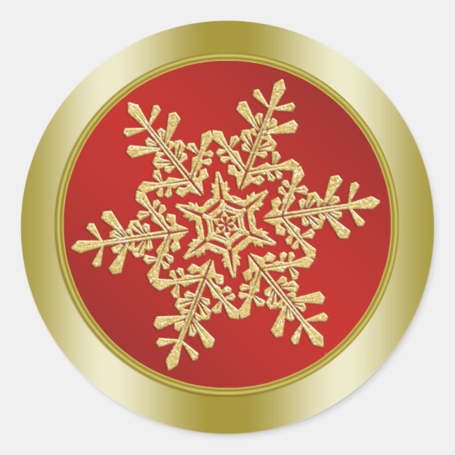Golden Snowflake on red Christmas Classic Round Sticker (Front)