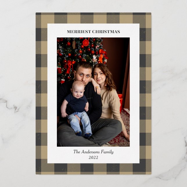 Golden Snowflake Plaid Border Christmas Photo Foil Holiday Card (Front)