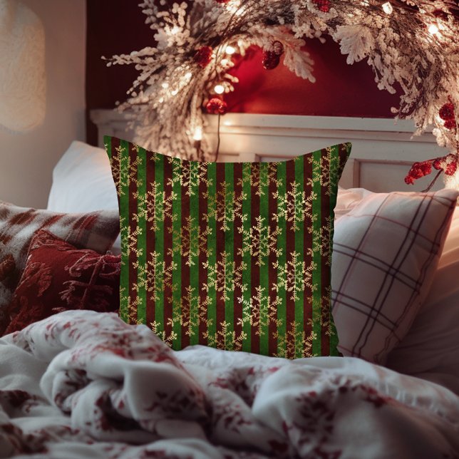 Golden Snowflake Red Green Stripe Christmas Throw Pillow (Golden Snowflake Red Green Stripe Christmas Throw Pillow)
