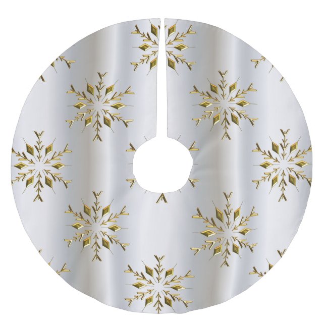 Golden Snowflake Stars on Silver Brushed Polyester Tree Skirt (Front)