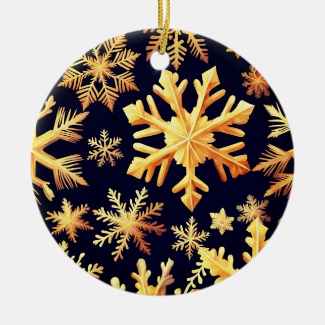 Golden Snowflakes and black background colour Ceramic Ornament (Front)