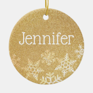 Golden Snowflakes Custom Name Ceramic Ornament