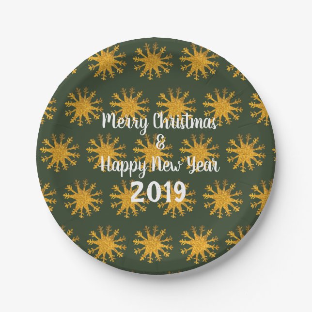 Golden Snowflakes Custom Text Paper Plate (Front)