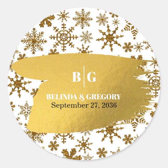 Golden Snowflakes Festive Christmas Wedding Classic Round Sticker (Front)
