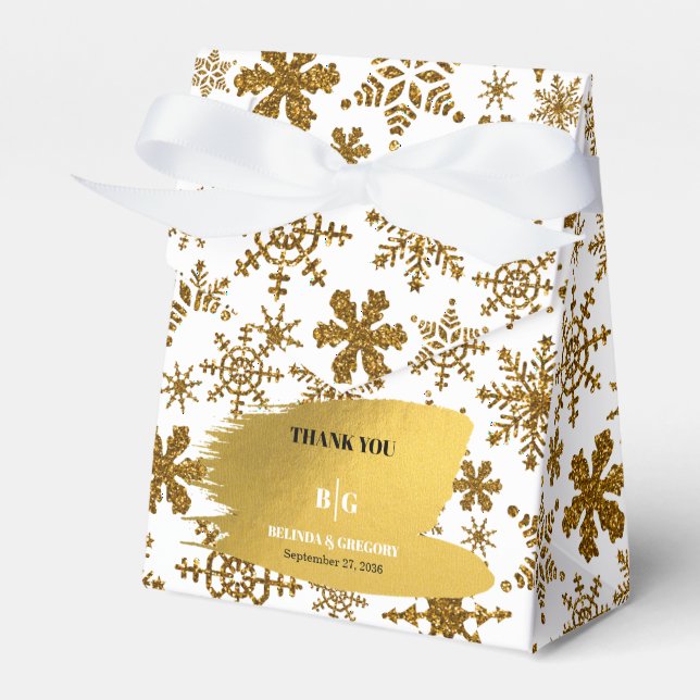 Golden Snowflakes Festive Christmas Wedding Favor Box (Front Side)