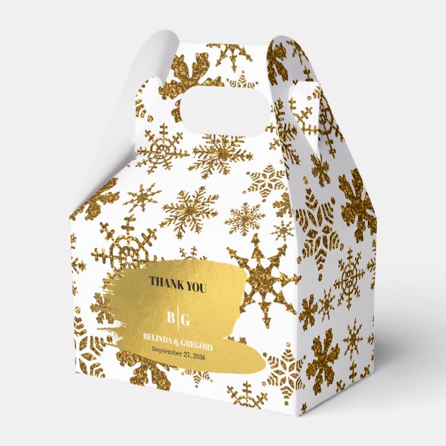Golden Snowflakes Festive Christmas Wedding Favor Box (Front Side)