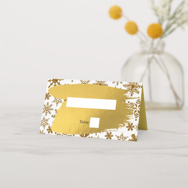 Golden Snowflakes Festive Christmas Wedding Place Card (Front)