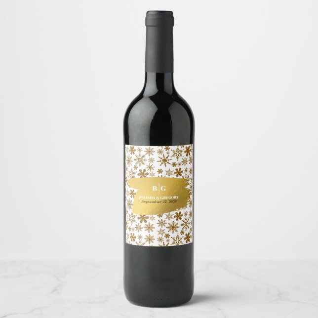 Golden Snowflakes Festive Christmas Wedding Wine Label (Front)