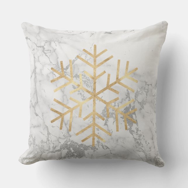 Golden Snowflakes Grey Silver White Marble Throw Pillow (Front)