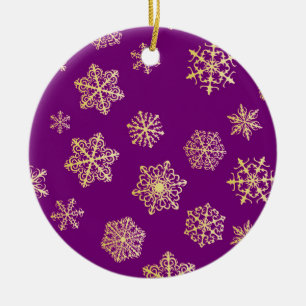 Golden snowflakes on a purple background ceramic ornament