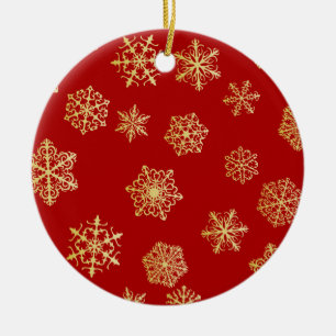 Golden snowflakes on a red background ceramic ornament