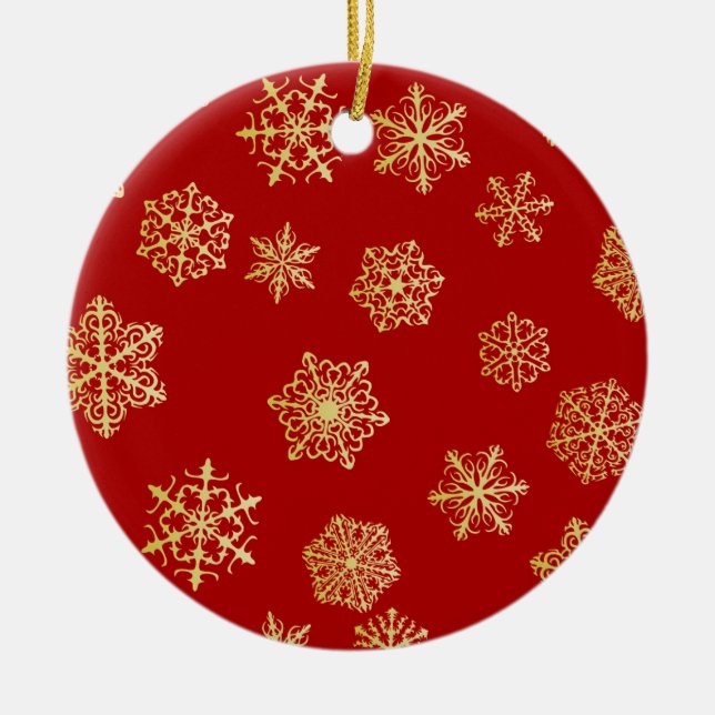 Golden snowflakes on a red background ceramic ornament (Front)