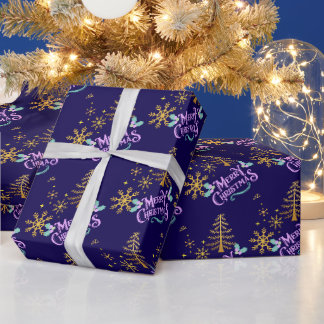 Golden Snowflakes on Blue Wrapping Paper