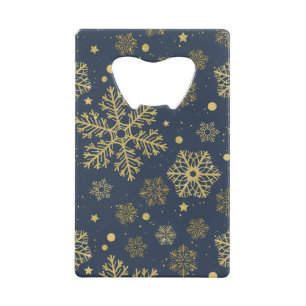 Golden snowflakes on navy credit card bottle opener
