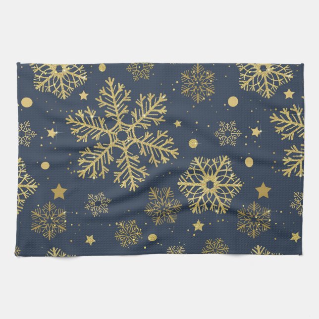 Golden snowflakes on navy kitchen towel (Horizontal)