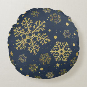 Golden snowflakes on navy round pillow