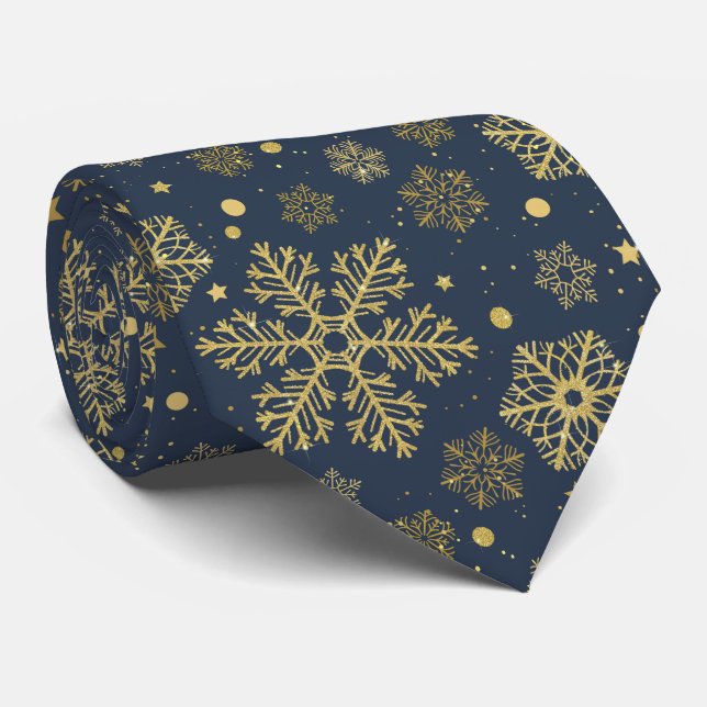 Golden snowflakes on navy tie (Rolled)