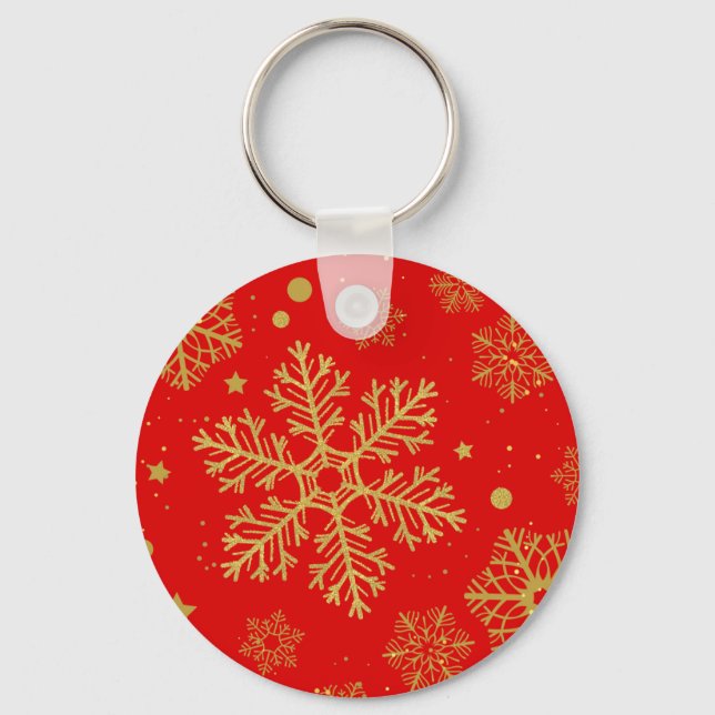 Golden snowflakes on red keychain (Front)