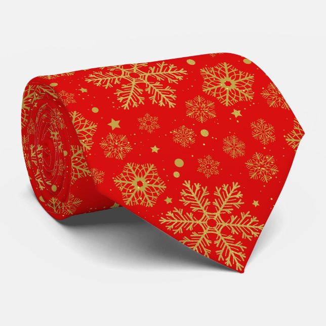 Golden snowflakes on red neck tie (Rolled)