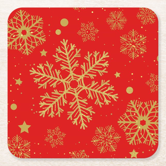 Golden snowflakes on red square paper coaster (Front)