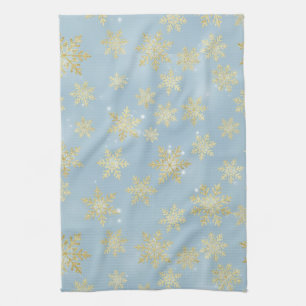 Golden Snowflakes on Sky Blue – Elegant Winter Kitchen Towel