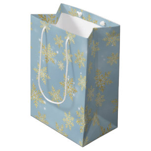 Golden Snowflakes on Sky Blue – Elegant Winter Medium Gift Bag