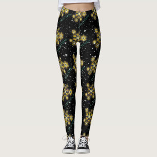 Golden Snowflakes with Christmas in Green on BLACK Leggings