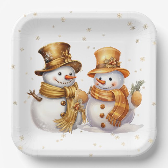Golden Snowflakes With Snowman Paper Plate (Front)