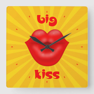 Golden Solar Rays Red lips big kiss Square Wall Clock