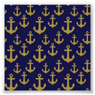 Golden Sparkle Anchor Navy Blue Sailing Nautical Photo Print