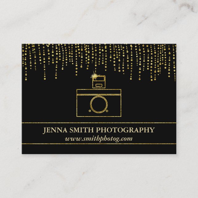 Golden Sparkle and Glitter Photographer Camera Business Card (Front)