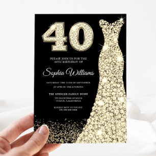 Golden Sparkle Dress 40th Birthday Party Black Invitation
