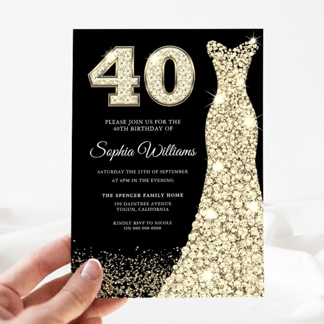 Golden Sparkle Dress 40th Birthday Party Black Invitation (Creator Uploaded)