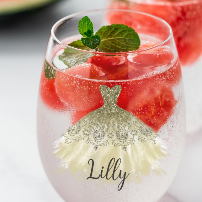 Golden Sparkle Dress For A Bridesmaid Stemless Wine Glass (Creator Uploaded)