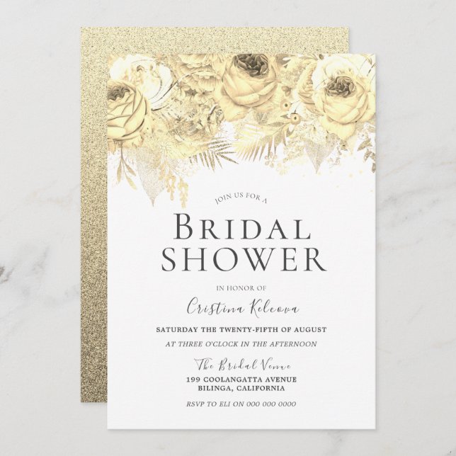 Golden Sparkle Flowers Elegant Bridal Shower Invitation (Front/Back)