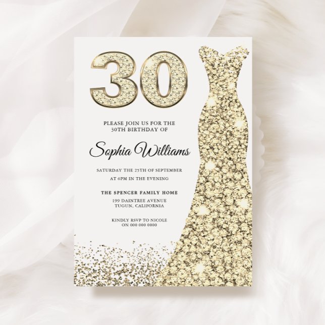 Golden Sparkle Glitter Dress 30th Birthday Party Invitation (Creator Uploaded)