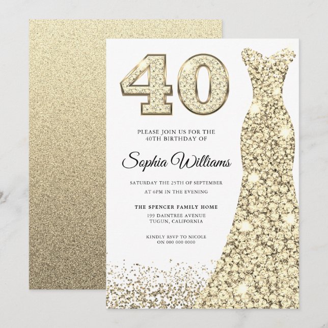 Golden Sparkle Glitter Dress 40th Birthday Party Invitation (Front/Back)