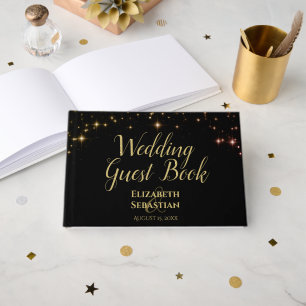 Golden Sparkle Stars on Black Elegant Wedding Guest Book