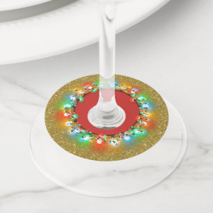 Golden Sparkle with Holiday Light Bulbs Wine Glass Tag