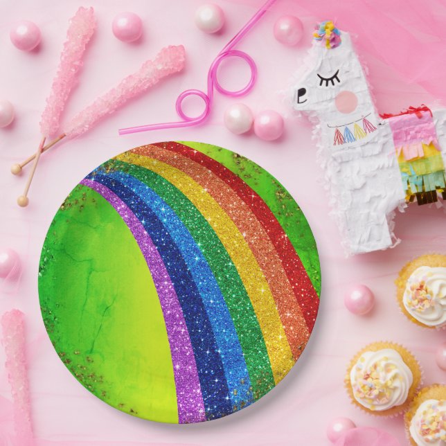 Golden Sparkles and Glitter Rainbow Unicorn Green Paper Plate (Party)