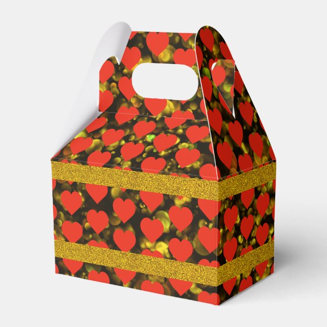 Golden Sparkles With A Red Heart Pattern Favour Bo Favor Box (Front Side)