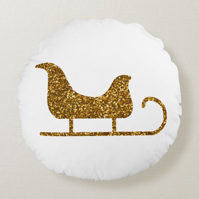 Golden Sparkling Christmas Santa's Sleigh Round Pillow (Front)
