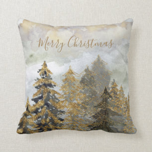 Golden Sparkling Green Christmas Trees Throw Pillow