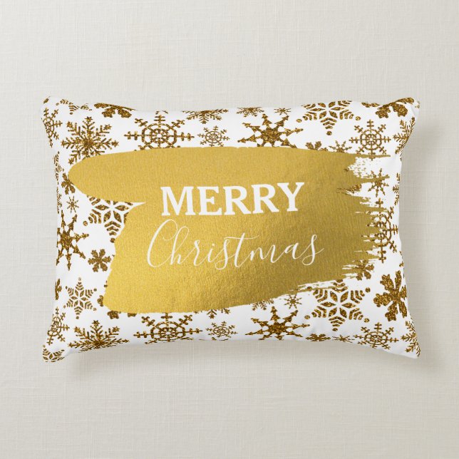 Golden Sparkling Snowflakes Merry Christmas Accent Pillow (Front)