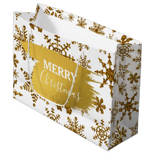 Golden Sparkling Snowflakes Merry Christmas Large Gift Bag