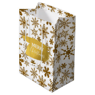 Golden Sparkling Snowflakes Merry Christmas  Medium Gift Bag