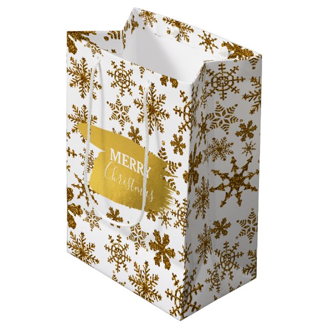 Golden Sparkling Snowflakes Merry Christmas  Medium Gift Bag (Front Angled)