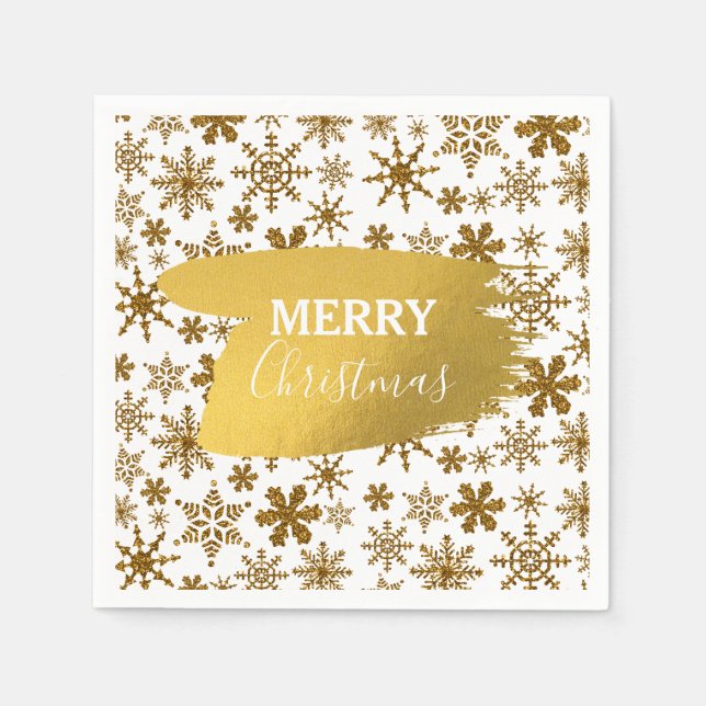 Golden Sparkling Snowflakes Merry Christmas Napkin (Front)
