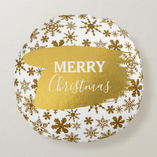 Golden Sparkling Snowflakes Merry Christmas  Round Pillow