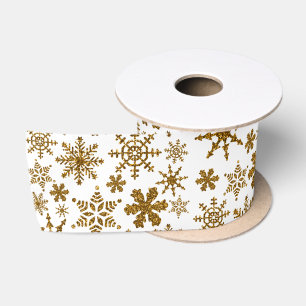 Golden Sparkling Snowflakes Merry Christmas Satin Ribbon